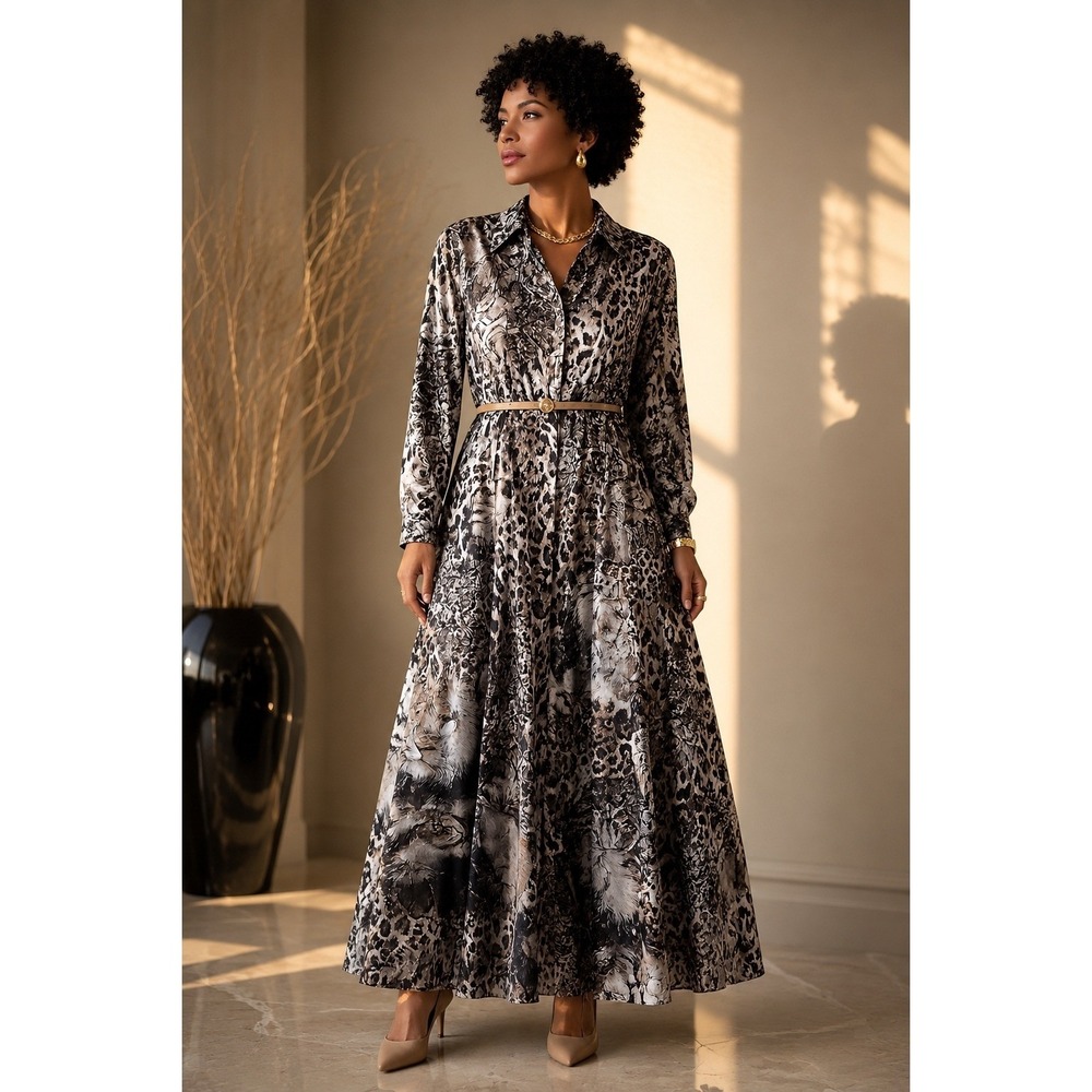 Marciano Guess Animal Print Maxi Dress Lion Tiger Baroque Grey Black Size 46 NWT